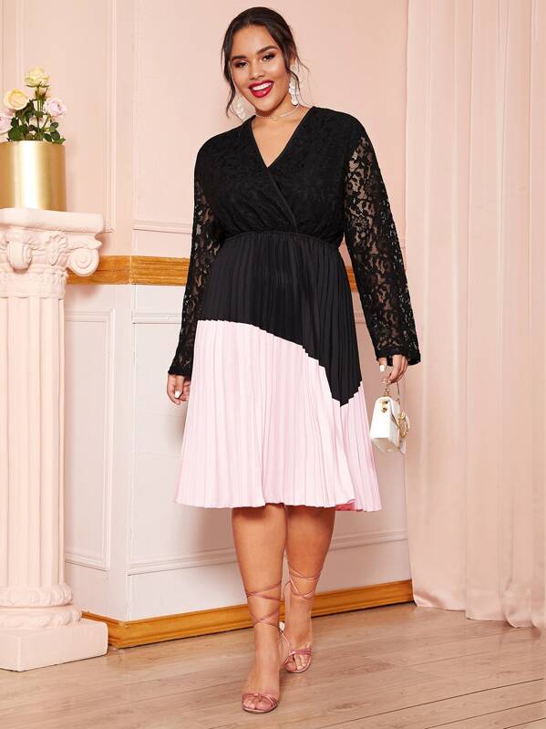 

Plus Two Tone Guipure Lace Top Pleated Midi Dress, Black and white, Emilie