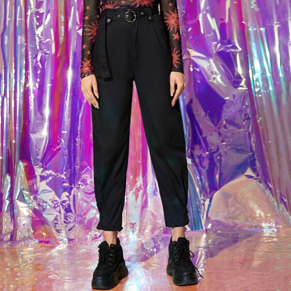 

Buckle Detail Belted Carrot Pants, Black