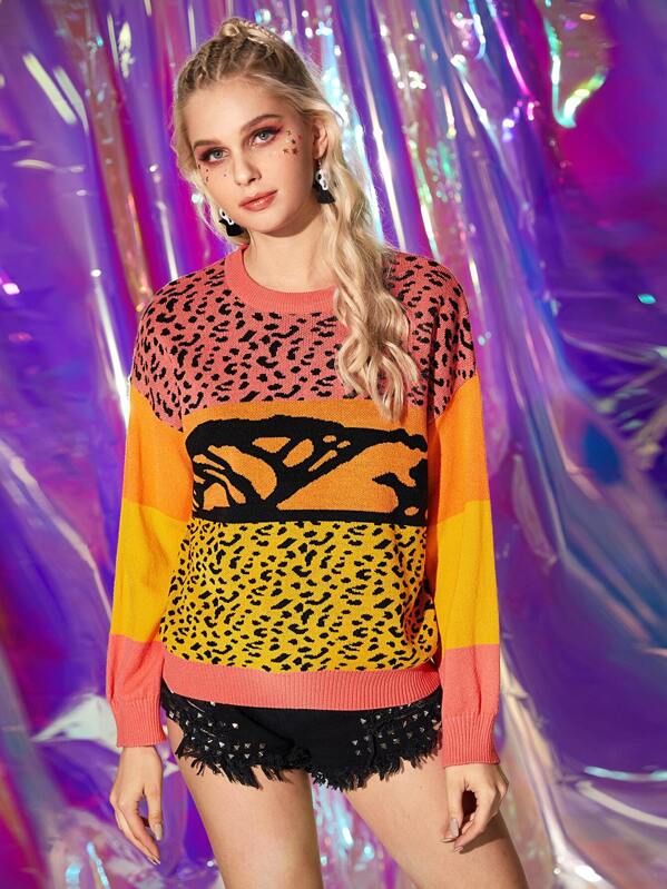 

Color-block Leopard Print Sweater, Multicolor, Nikola