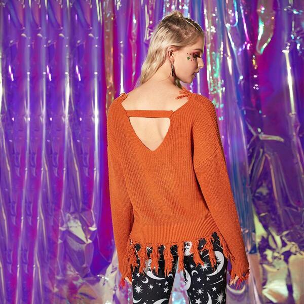 

Solid V-neck Ripped Hem Sweater