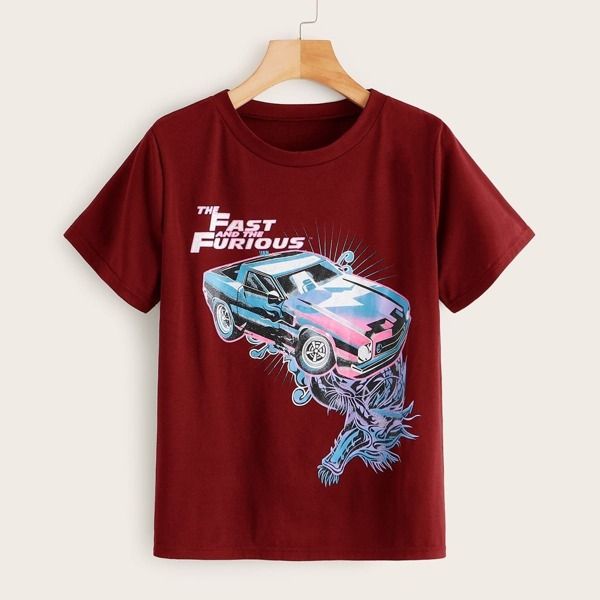 

Car And Letter Print Tee, Burgundy
