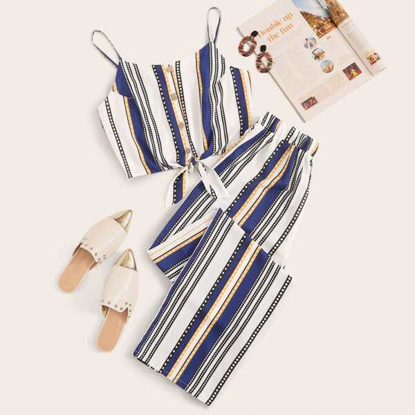 

Striped Knot Hem Cami Top & Pants, Multicolor