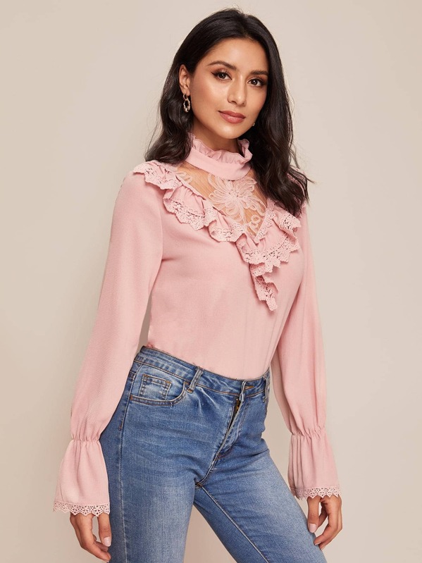 

Mesh Insert Lace Trim Ruffle Solid Top, Pink, Jessica B