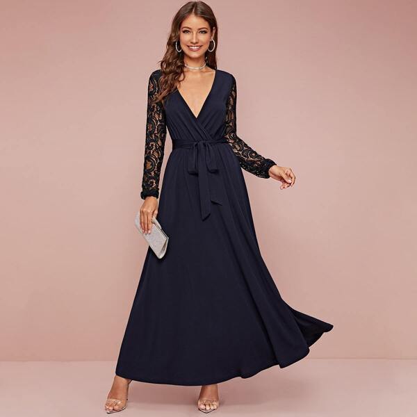 

Surplice Neck Lace Sleeve Self Belted Maxi Dress, Navy