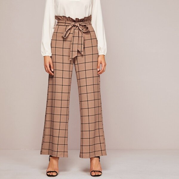 

Paperbag Waist Self Belted Wide Leg Grid Pants, Khaki