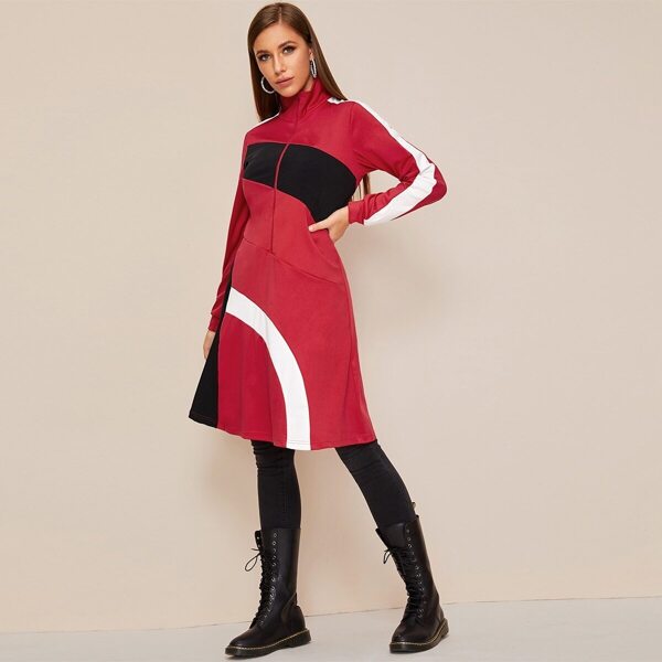 

Colorblock High Neck Zip Up Dress, Red