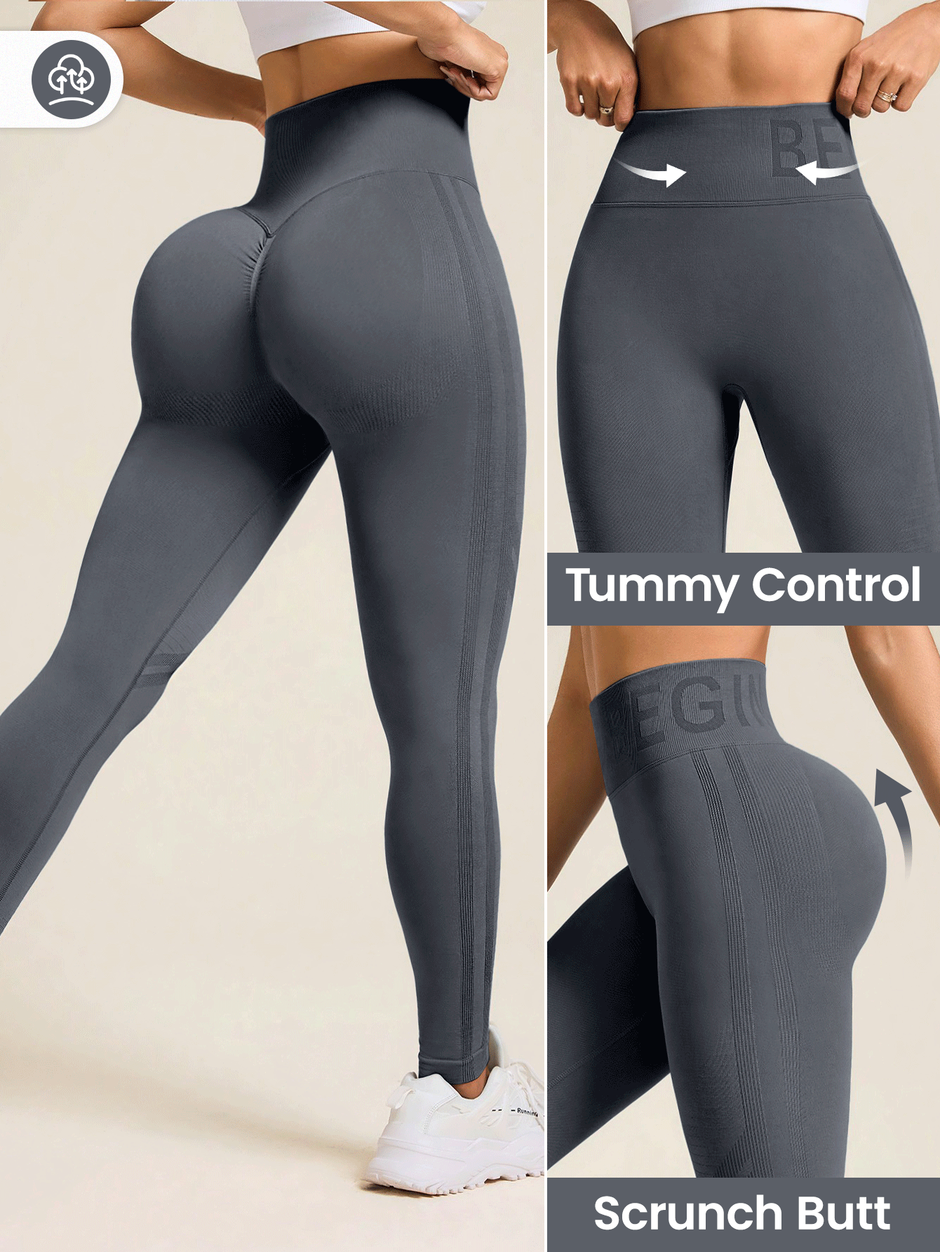 Eassivo Eassivo High Waist Letter Print Pleated Seamless Leggings - Dark Grey - View 9