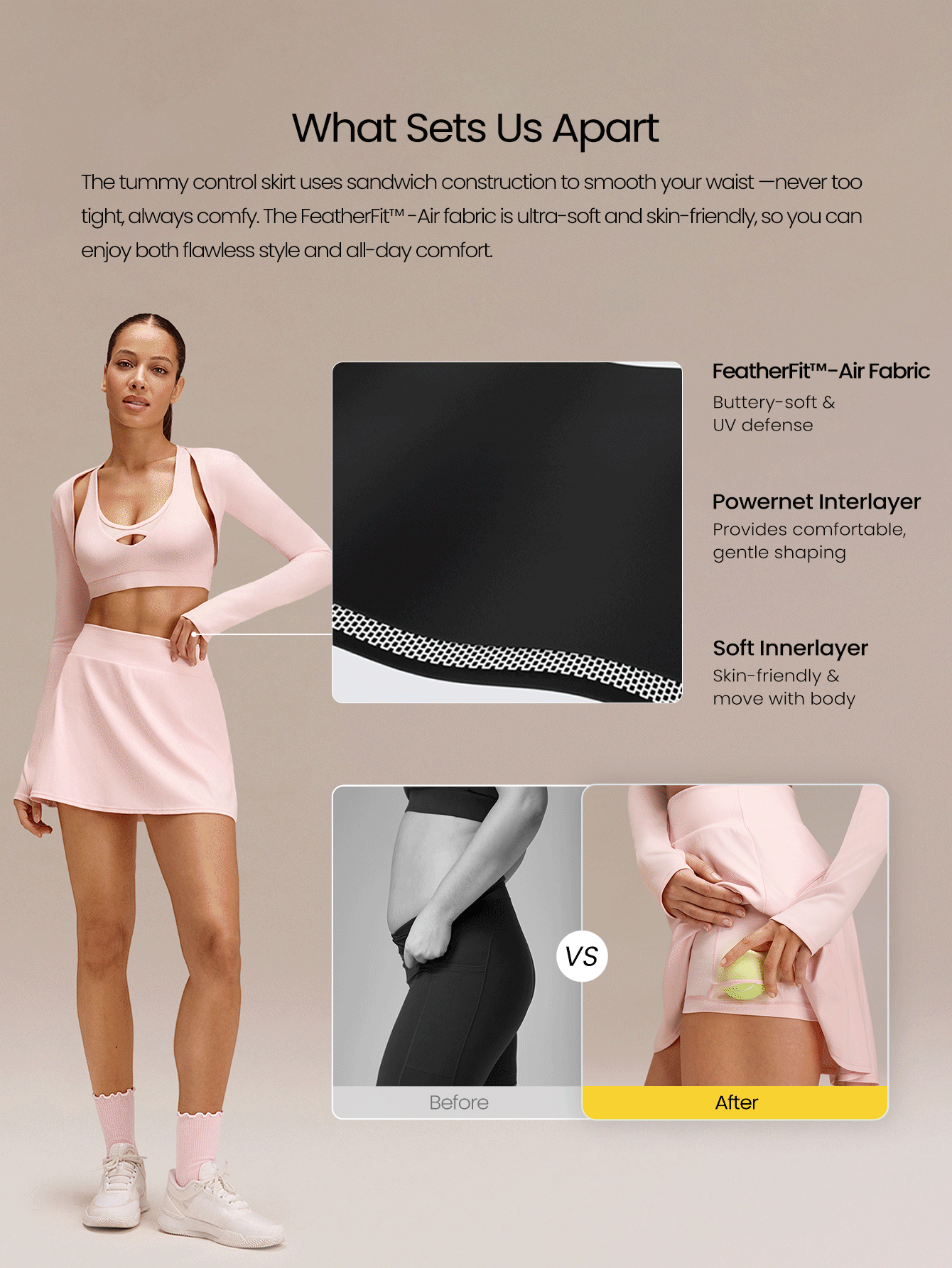 GLOWMODE 4.5" Comfy Stretchy 360° Tummy Control Ultra High-Waist V-Shaped Hip Ruffle Workout Skirt With Built-In Shorts Tennis Golf Daily Quick-Dry - Baby Pink - View 2