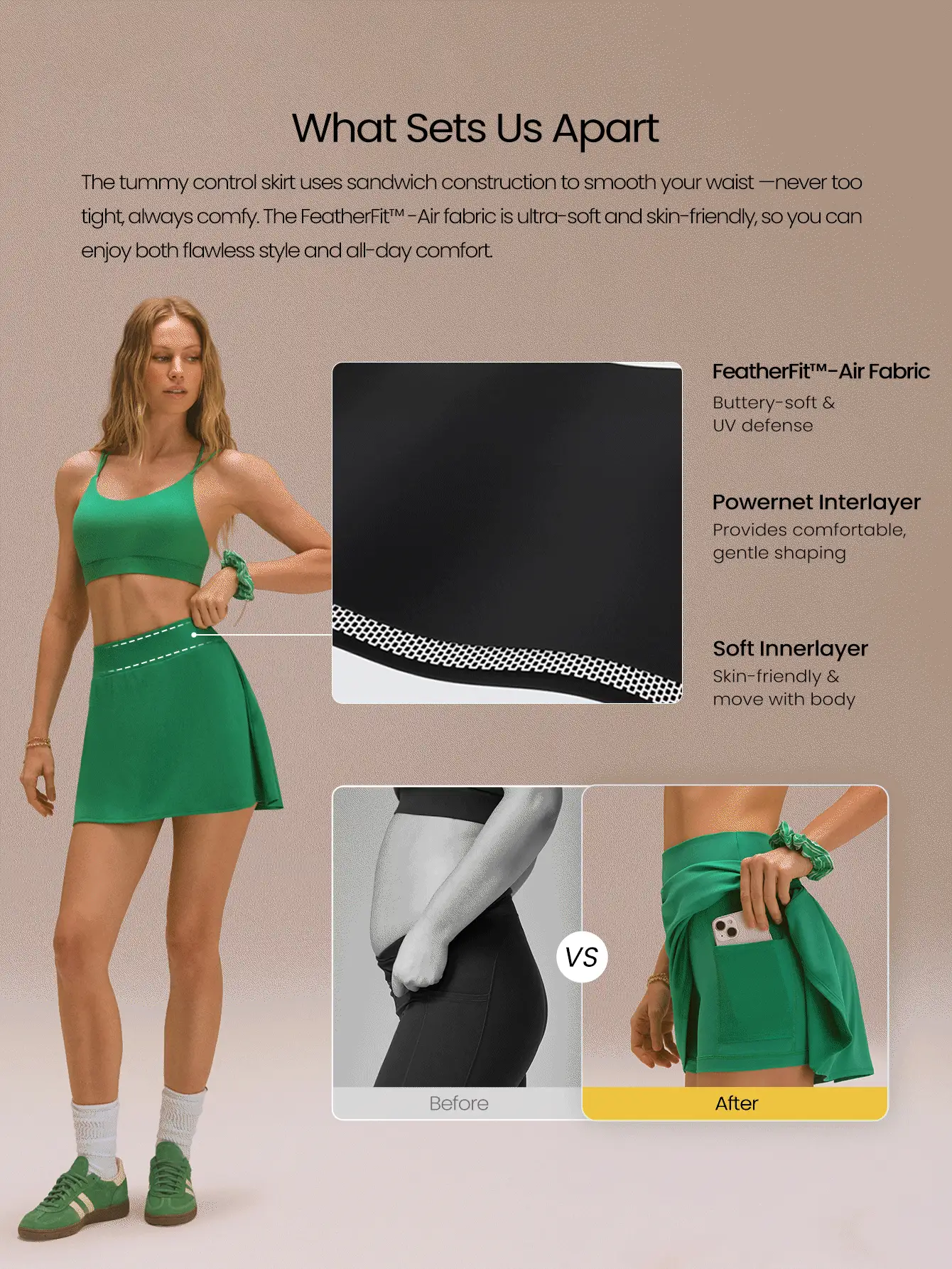 GLOWMODE Rok Olahraga Berpinggang Sangat Tinggi Bentuk V dengan Rumbai Pinggul, Nyaman, Elastis, Kontrol Perut 360°, Ukuran 4,5 inci, Dilengkapi Celana Pendek Terintegrasi, Cocok untuk Tenis, Golf, dan Aktivitas Sehari-hari, Cepat Kering. - Fresh Green - View 3