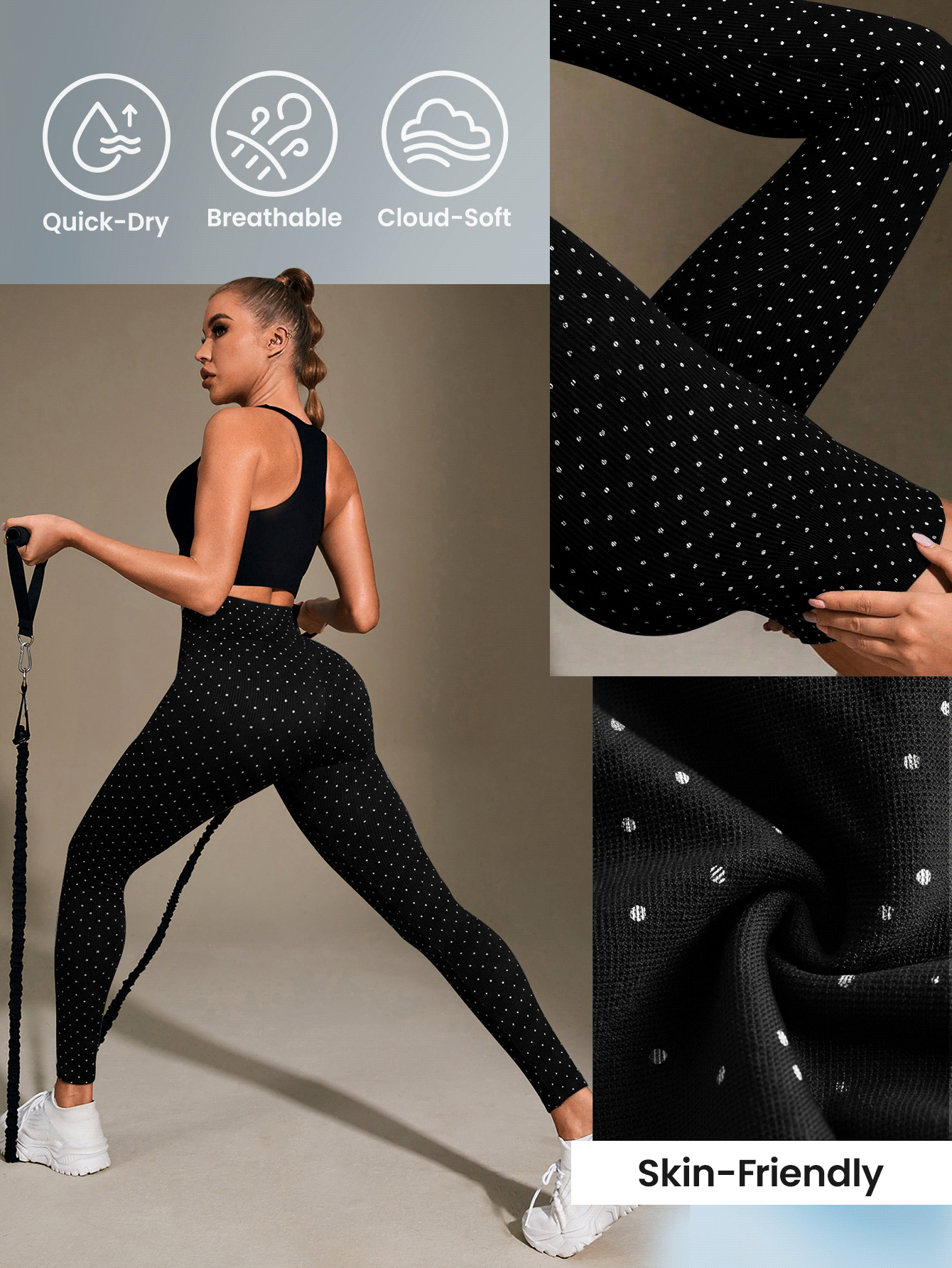 SHEIN Dewbera 1pc Regular Pants + Polka Dot Design/Basic Style/Black + Sports Leggings + Fitness + Yoga - Black and White - View 4