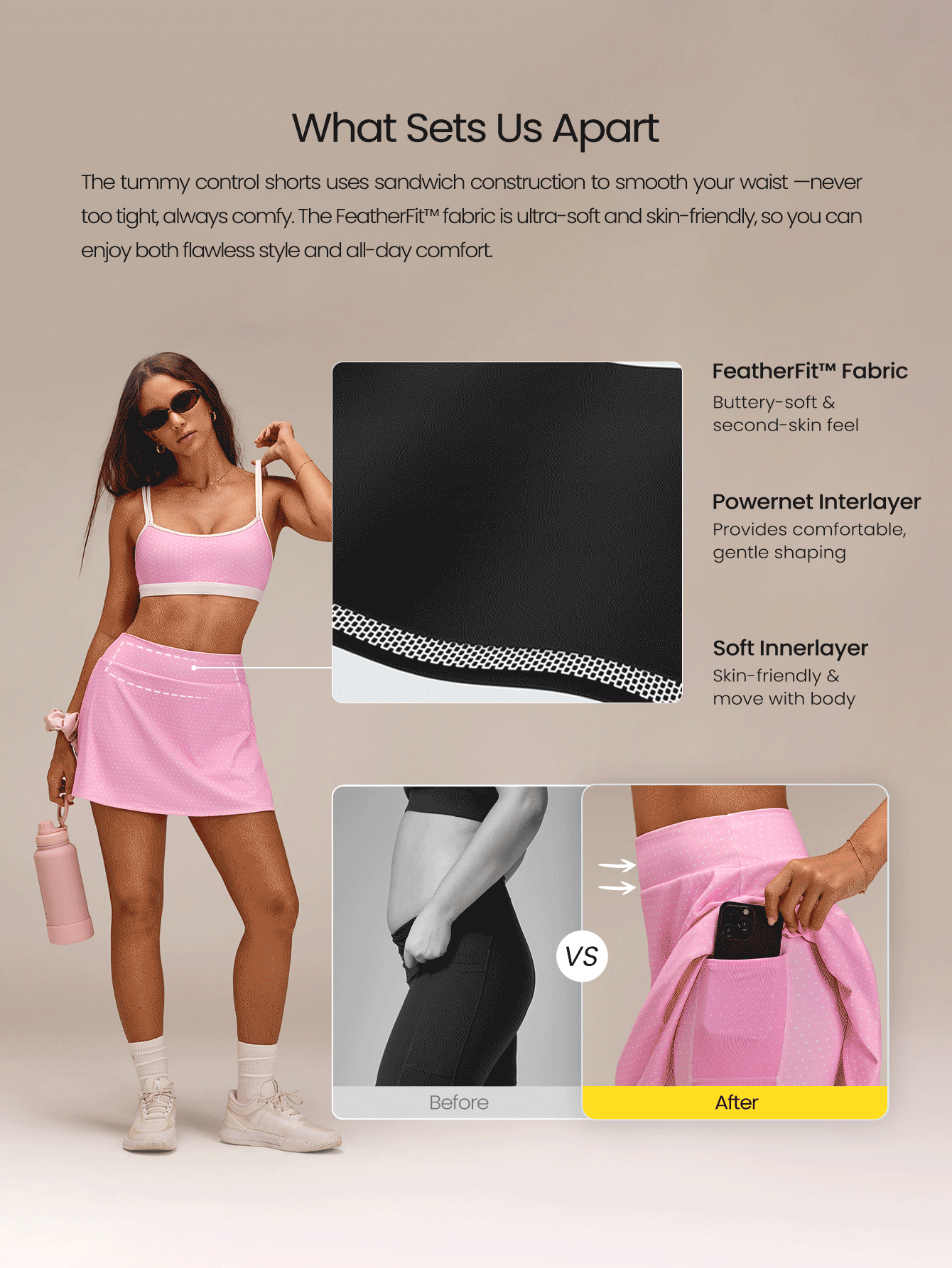 GLOWMODE 4.5" Comfy Stretchy 360° Tummy Control Ultra High-Waist V-Shaped Hip Ruffle Workout Skirt With Built-In Shorts Tennis Golf Daily Quick-Dry - Pink - View 2