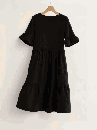 Yumoku Women Summer Solid Color Round Neck Short Sleeve Loose Fit Dress With Ruffled Hem,Casual - Black - View 2