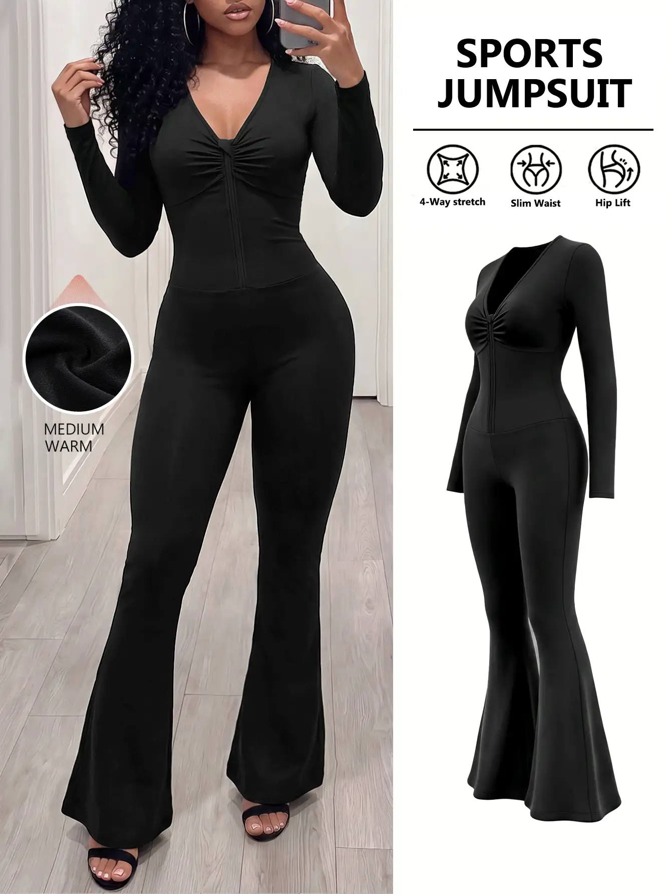 BamGleam Solid Color Long Sleeve Flare Leg Jumpsuit - Black - View 2