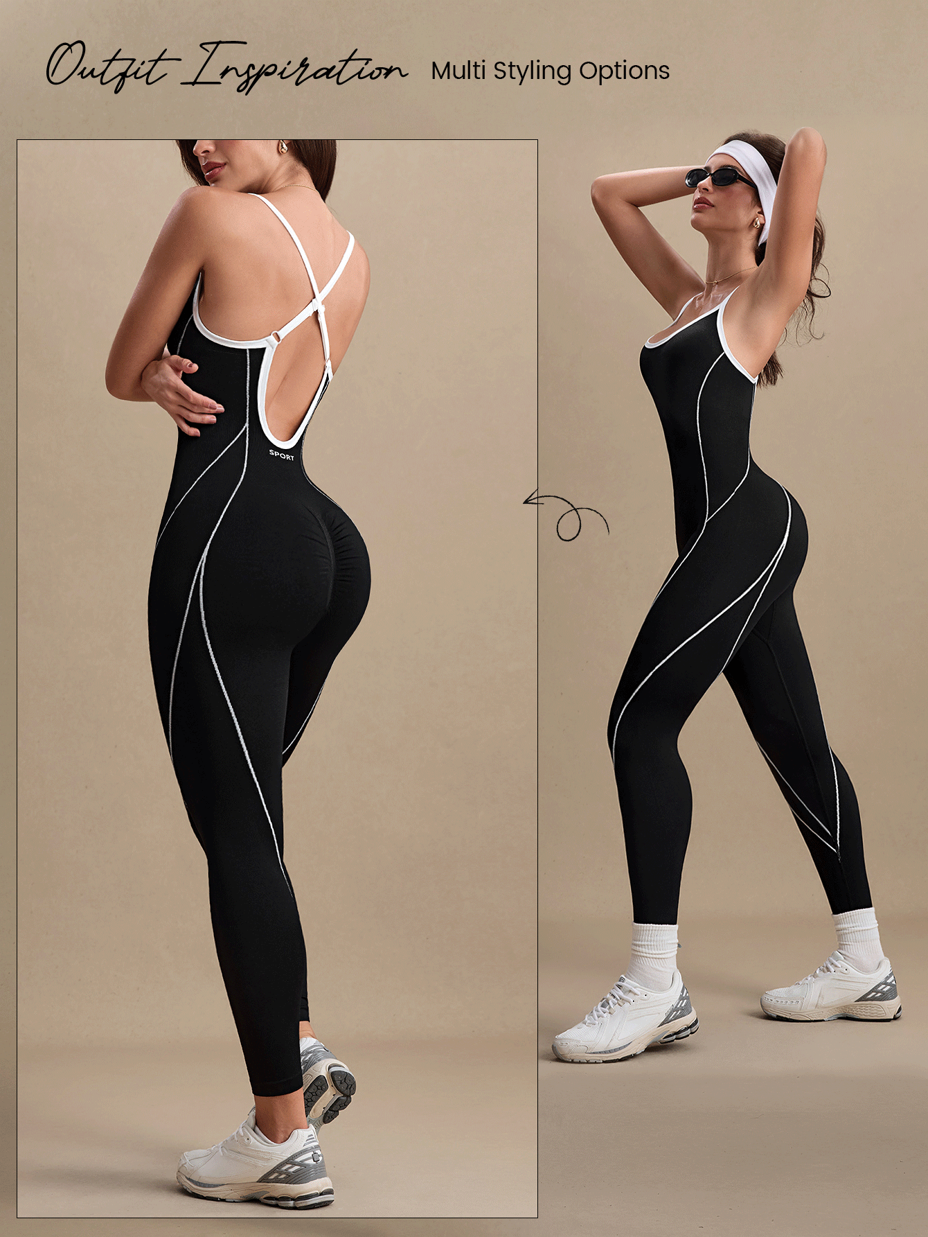 Dewbera Dewbera Black And White Backless Camisole Seamless Active Jumpsuit Gym Summer Modest Athleisure - Black and White - View 13