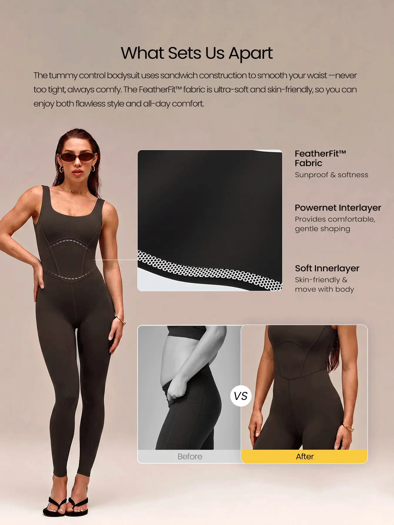 GLOWMODE 24" FeatherFit™ Tummy Control Open Back Gym Yoga Pilates Sports Jumpsuit Bodysuit Elegant For Woman - Chocolate Brown - View 3