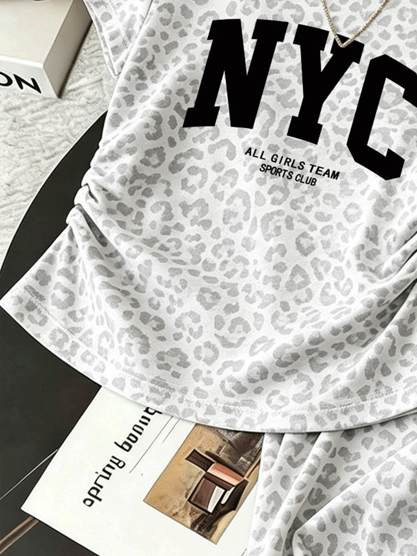 Resyla Women's Casual Outfit Set, Summer New Style, Leopard Print, Gray Floral, Pattern, Letter Print, Slim Fit Waist T-Shirt, Casual Long Pants Set, Holiday Outfit, Women's Slim Fit T-Shirt And Long Pants Set - Multicolor - View 4
