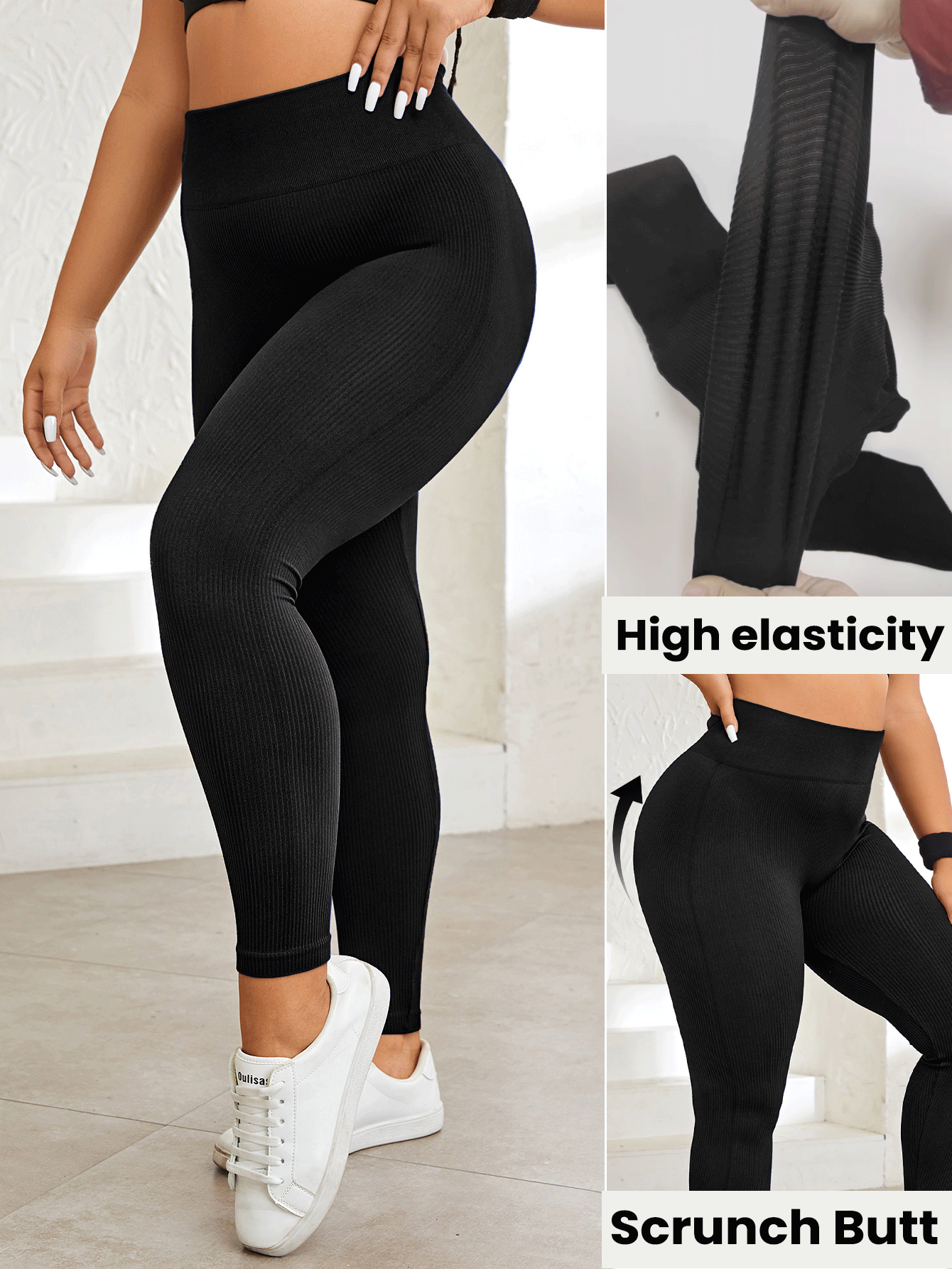 SHEIN Rhythm Era Plus Size Solid Wideband Waist Sports Leggings Yoga Women Pants - Black - View 2