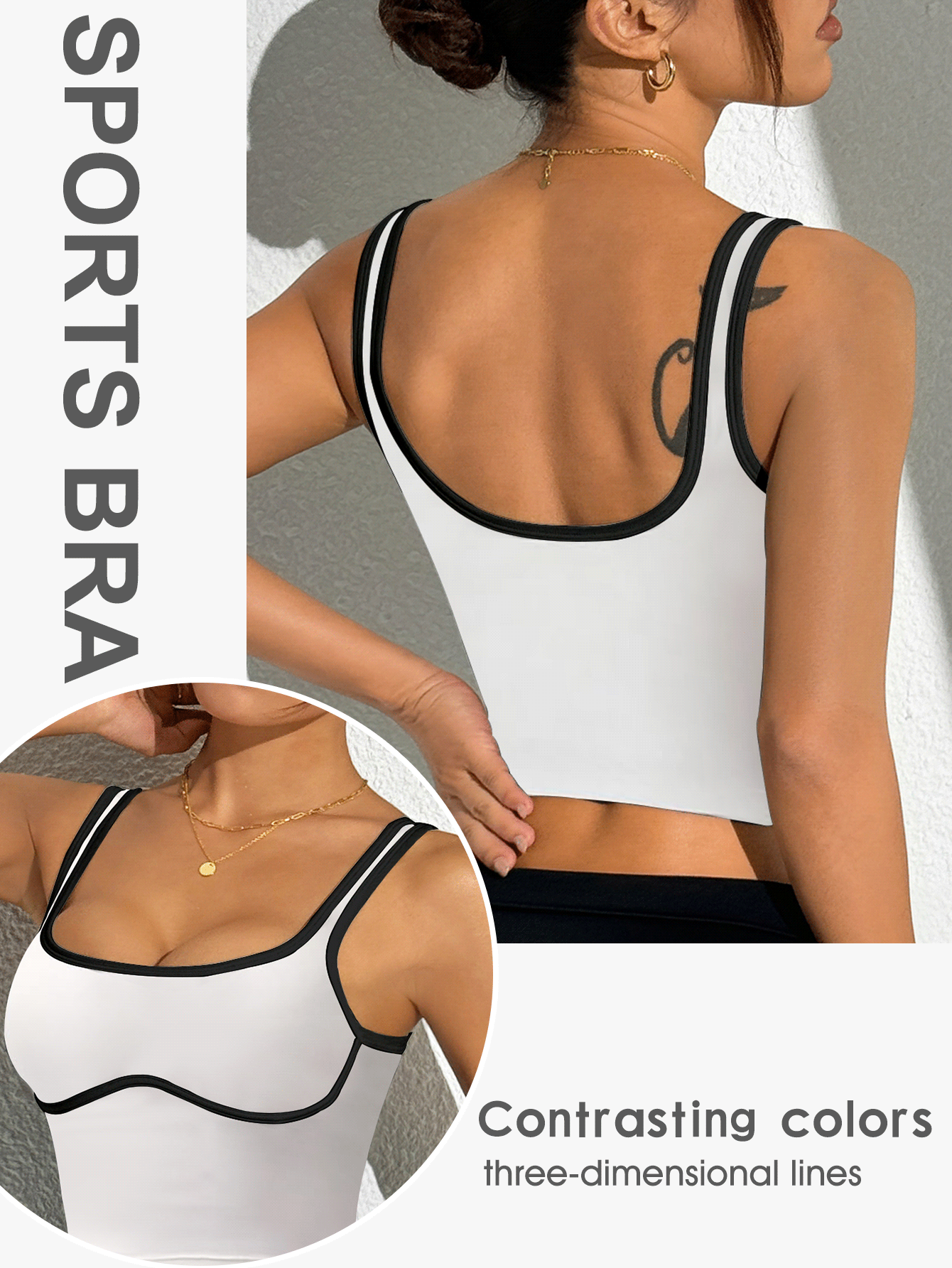 Slayform Slayform Top deportivo corto blanco para mujer – Ribete de contraste negro, cuello redondo, doble tirante, top de yoga sin costuras con efecto push up para entrenamiento & athleisure - Blanco - Añade 3