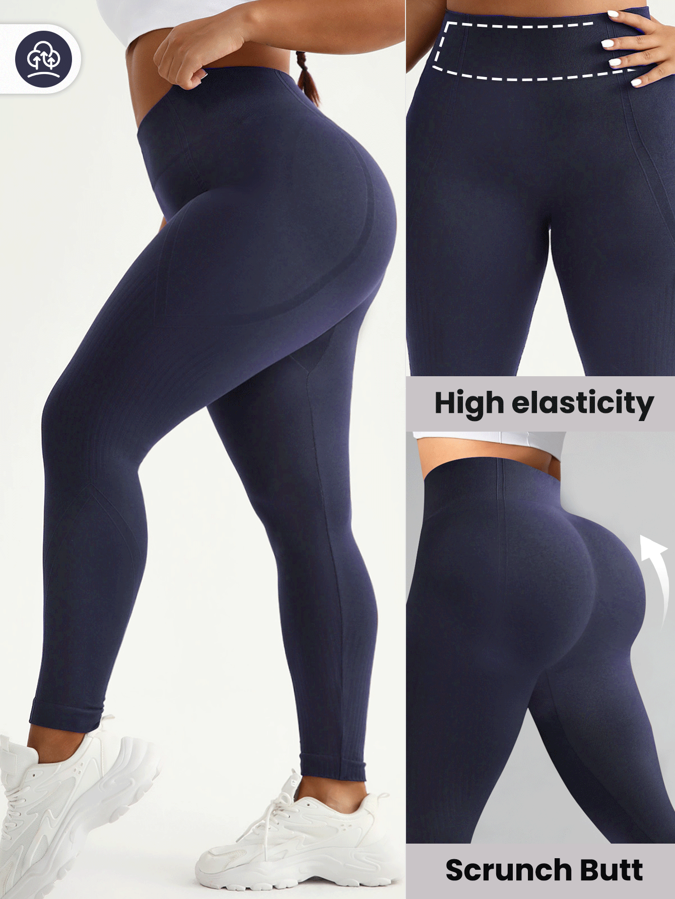 Rhythm Era Legging Olahraga Tanpa Jahitan Pinggang Tinggi Warna Polos Ukuran Besar - Navy Blue - View 2