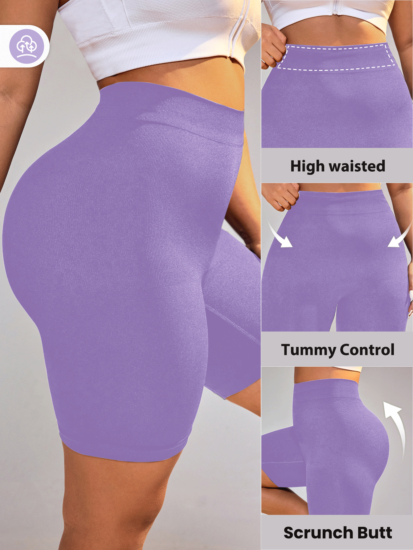 Rhythm Era Shorts de entrenamiento de cintura alta con control de abdomen para talla grande, morado oscuro, para gimnasio y deportes de verano - Morado - Añade 2