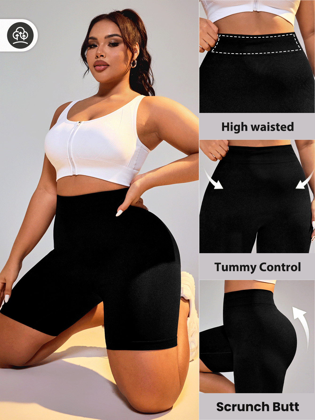 SHEIN Rhythm Era Plus Size High Waist Tummy Control Athletic Shorts, Biker Shorts - Black - View 3