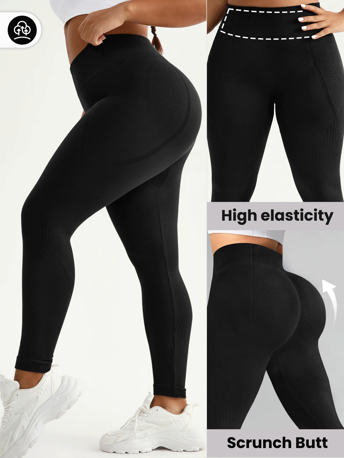 Rhythm Era Celana Olahraga Kasual Pinggang Tinggi Warna Polos Ukuran Besar, Untuk Pemakaian Sehari-hari, Celana Yoga Wanita - Hitam - View 2