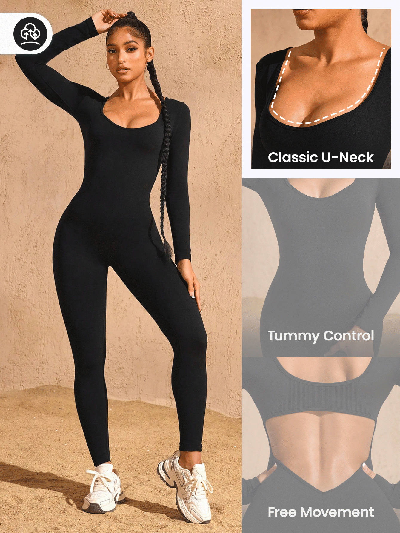 Slayform Slayform Solid Color Scoop Neck Open Back Tight Seamless Jumpsuit, Long Sleeve Full Jumpsuit, Long Sleeve - Black - View 4