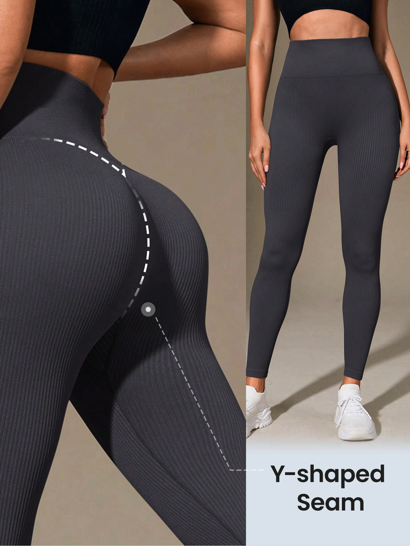 SHEIN Sports Women's Fashion Loose Vertical Ribbed High Waisted Stretchy Sports Leggings Yoga Pants - Dark Grey - View 5