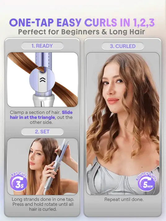 SHEGLAM HAIR One Touch Airflow Styler Pro,25mm Automatic Rotating Curling Iron,Auto Spin Hair Curler,5 Min Quick Styling & 360° Cooling Airflow One Touch Operation,Long-Lasting Results,5 Temps & Anti-Scald,Auto Off & Universal Voltage For Medium-Length Hair & Long Hair & All Hair Types - Silver - View 4