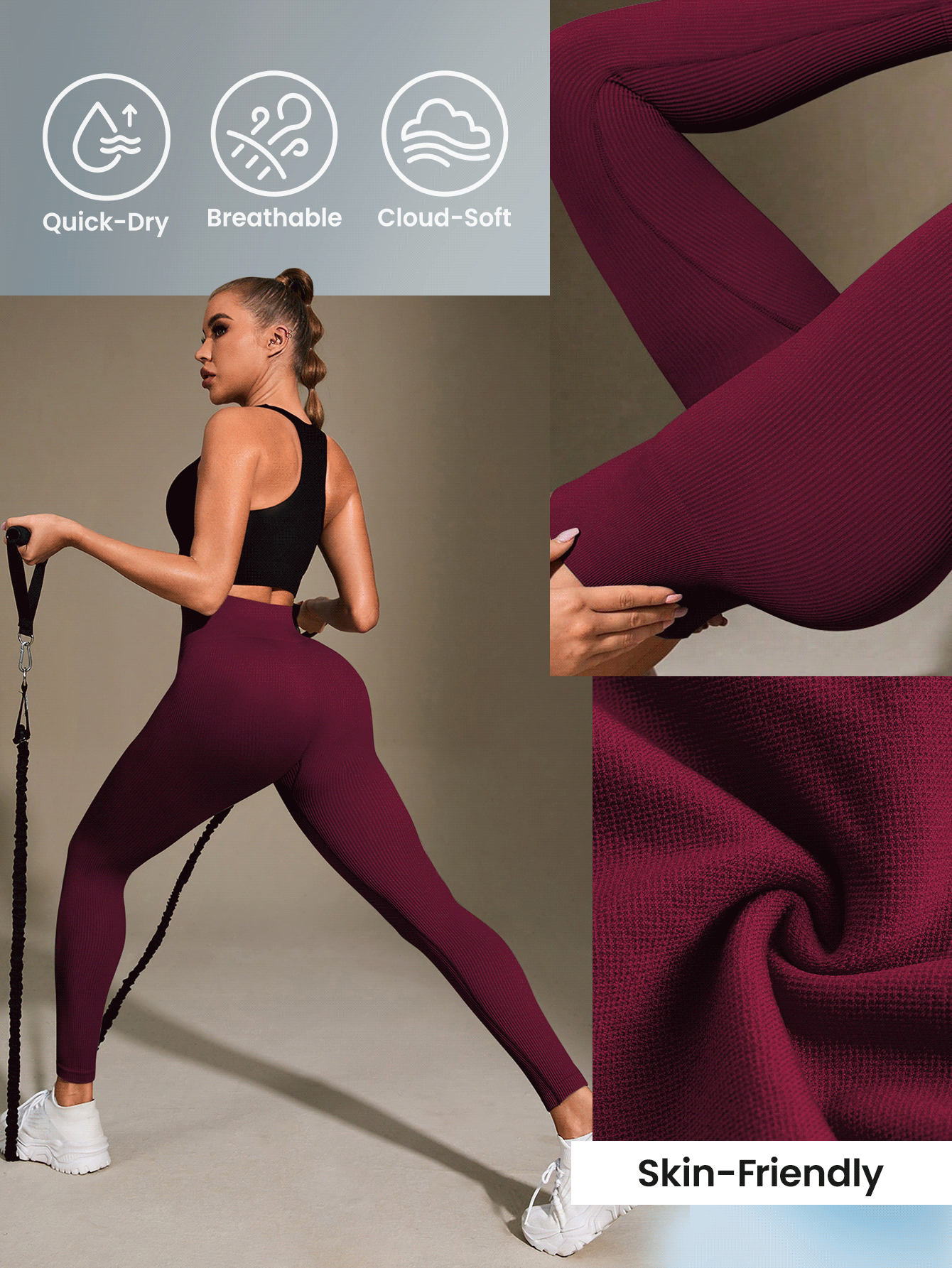Slayform Slayform Women High Waisted Ribbed Seamless Slim Leggings,Cloud Soft Second-Skin Quick-Drying Breathable 4-Way Stretch Legging For Yoga Running Cycling,Black - Burgundy - View 8