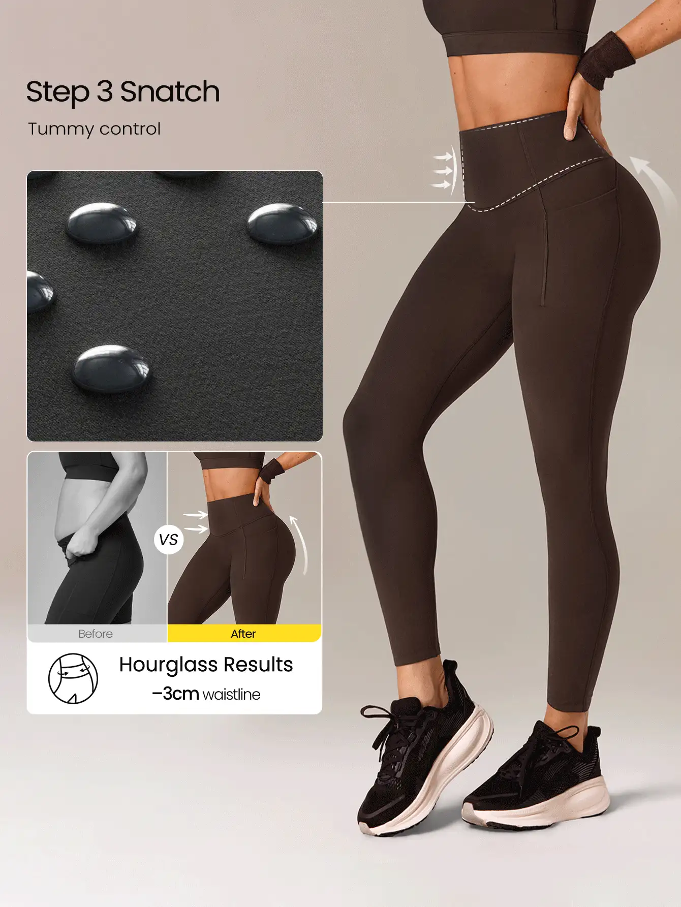 GLOWMODE 24" Peakbum-Lift FeatherFit™-Sculpt Butt-Lifting Tummy Control Side Pockets Leggings Medium Impact Training Running Workout Gym Fitness Wear - Brown - View 5
