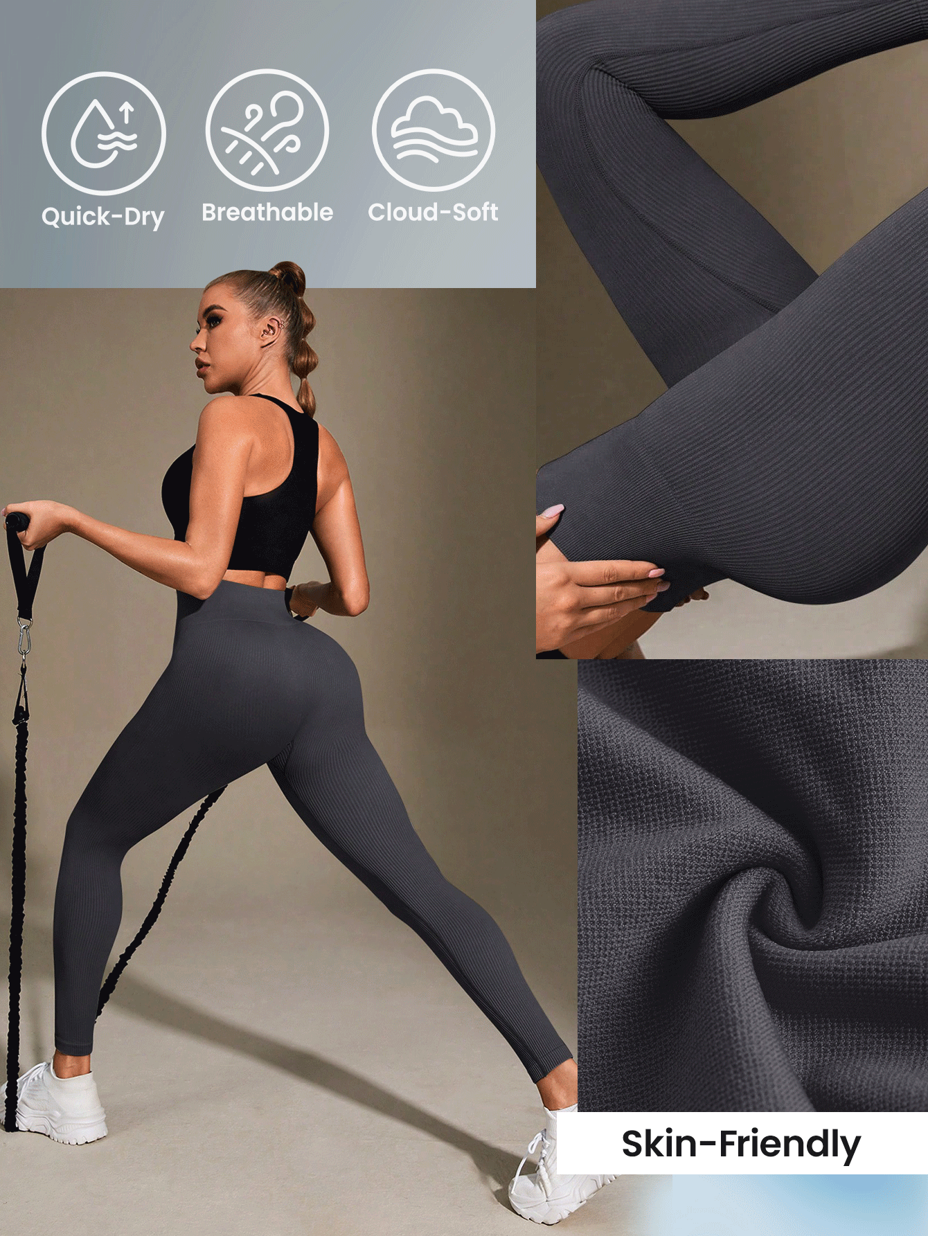 Modviera Women's Fashion Loose Vertical Ribbed High Waisted Stretchy Sports Leggings Yoga Pants - Dark Grey - View 6