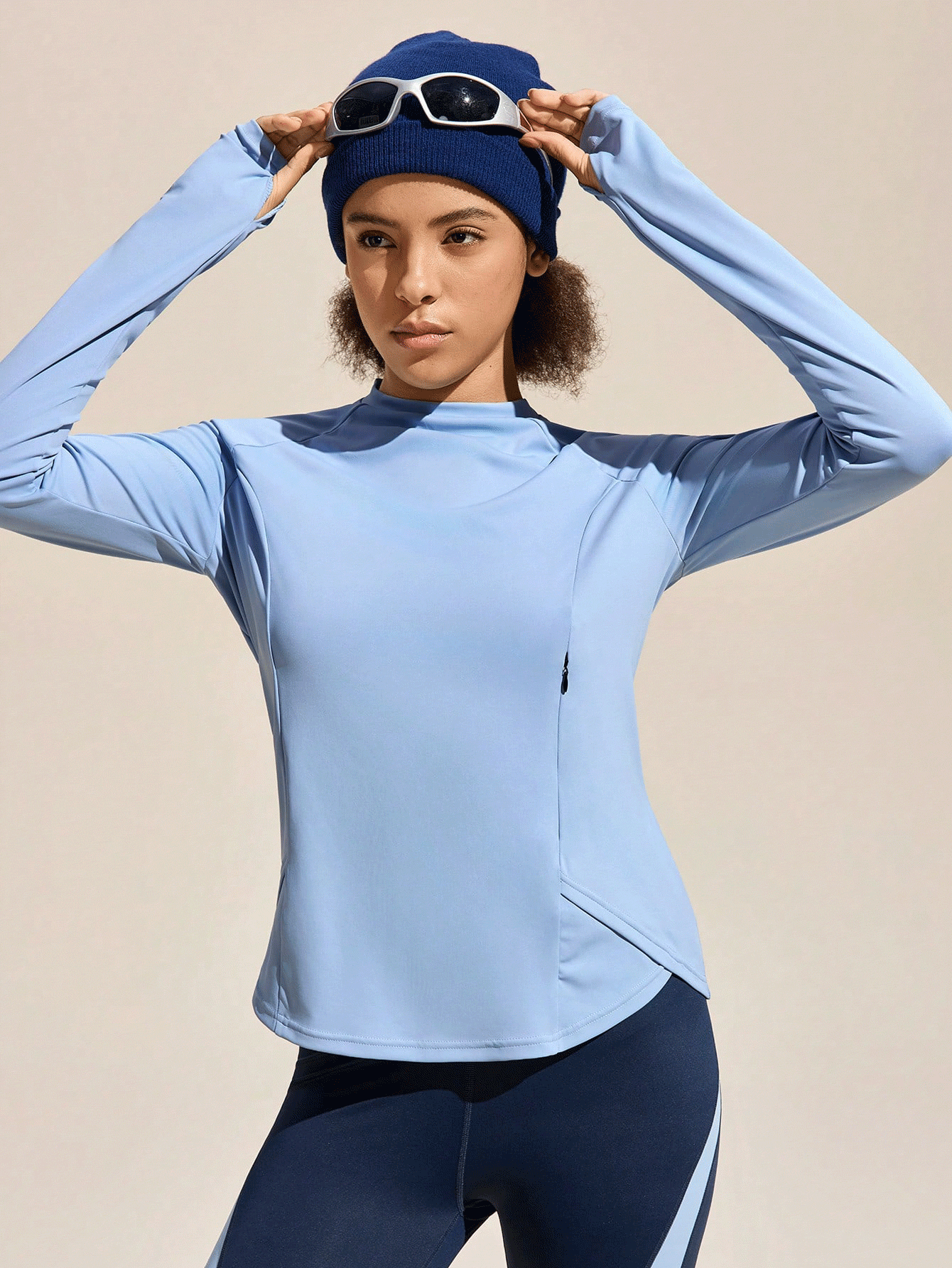 SHEIN Sports Exploreva 女士户外长袖运动T恤，带侧袋，适合户外运动、跑步、健身和瑜伽 - 藍色 - 查看 2
