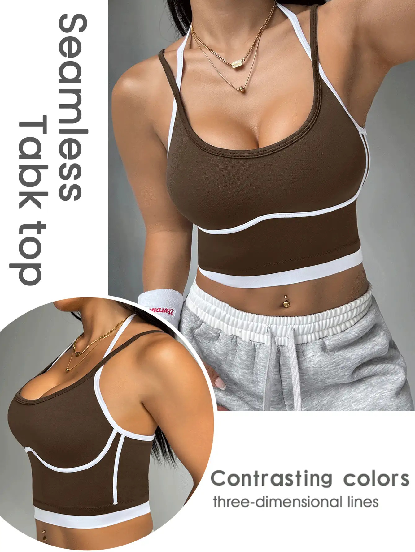 SHEIN Rhythm Era 無縫高彈性瑜伽健身休閒日常女款大尺碼運動T恤與背心 - 棕色 - 查看 2