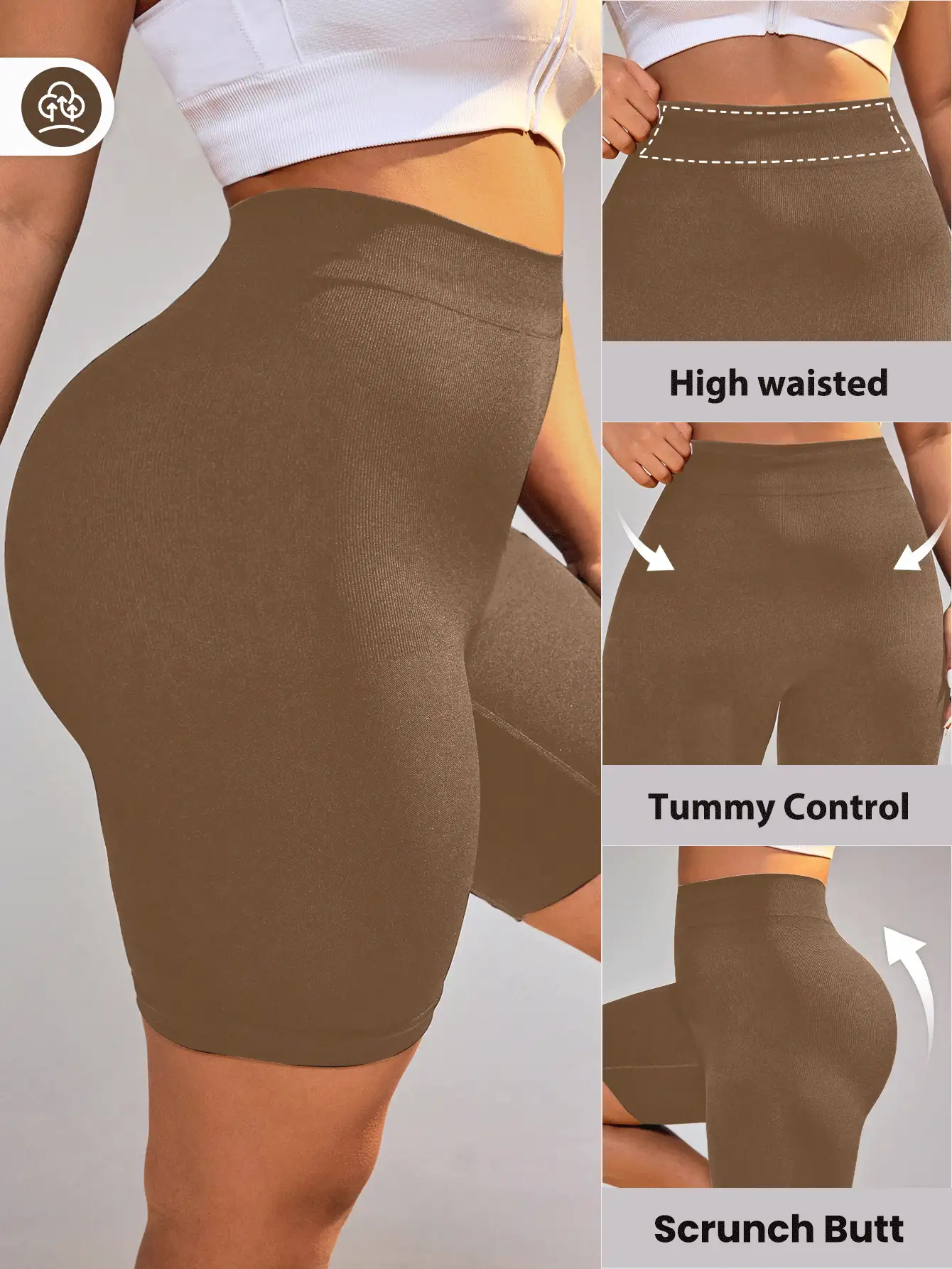 Rhythm Era Plus Size High Waist Tummy Control Workout Shorts Gym Sports Brown Summer - Mocha Brown - View 4
