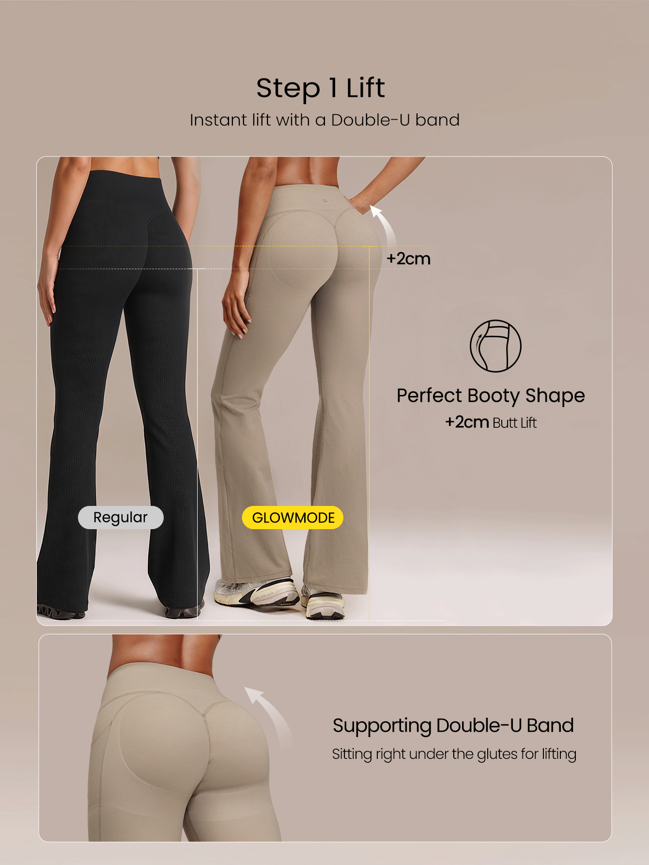 GLOWMODE 31" Peakbum-Lift FeatherFit™-Sculpt Butt-Lifting Tummy Control Flare Leggings With Side Pockets Training Running Workout Gym Fitness Wear - Khaki - View 3