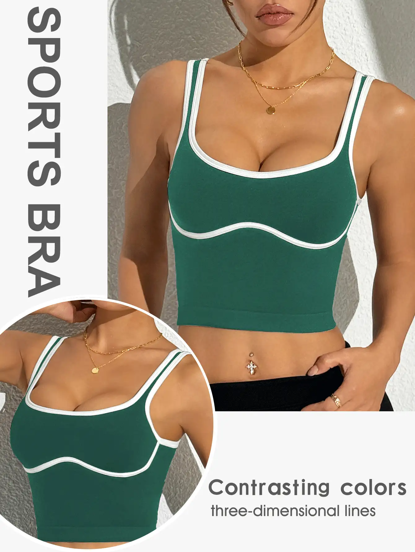 SHEIN Sovereign Charm Tank Top Wanita Bergaris, Modis, Cocok untuk Olahraga Musim Panas - Dark Green - View 2