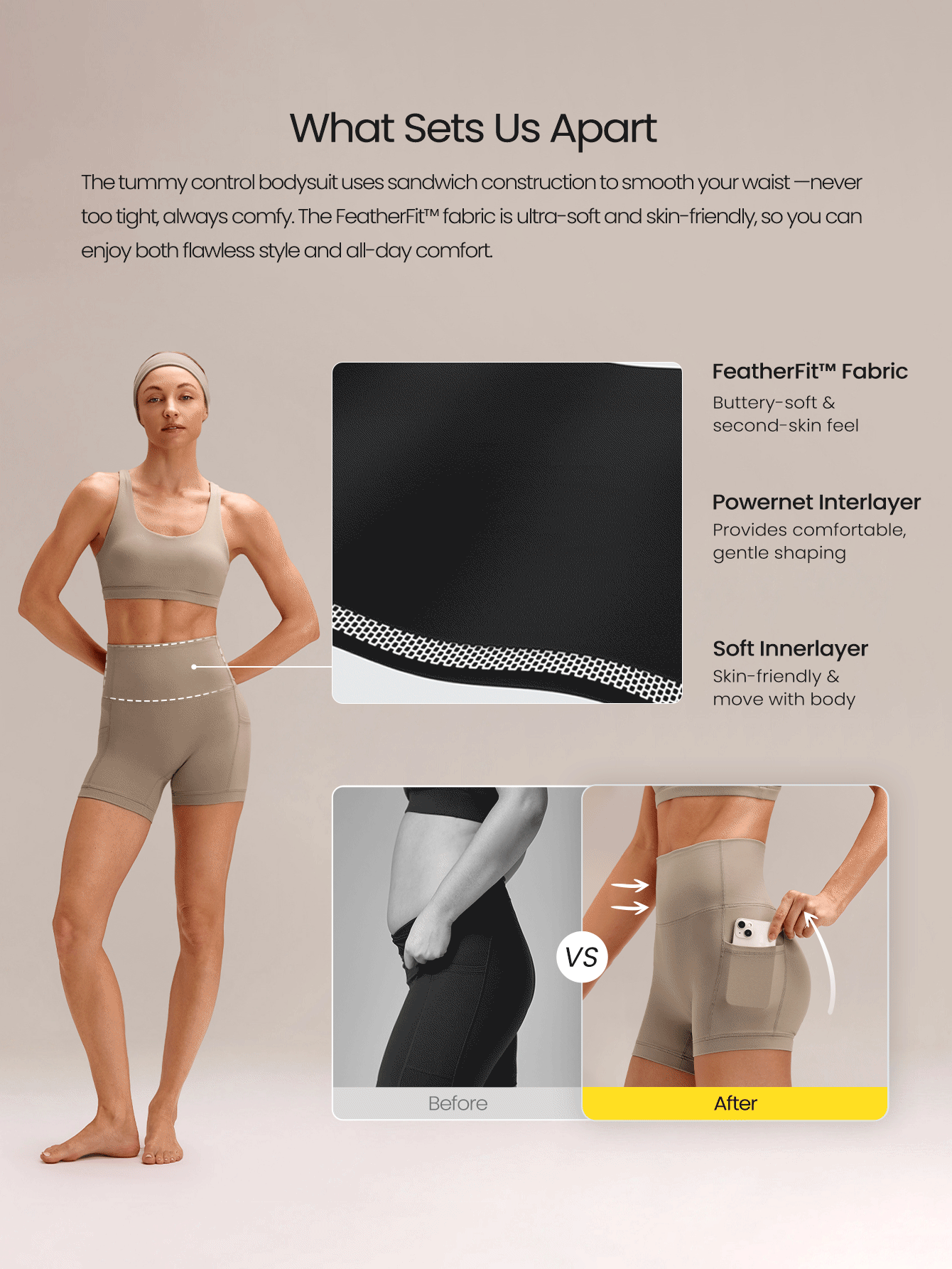GLOWMODE 4.3" FeatherFit™ Anti-Slip Pocket Bike Shorts Non Front Seam Low Impact Cycling Running Gym Workout Summer - Khaki - View 2