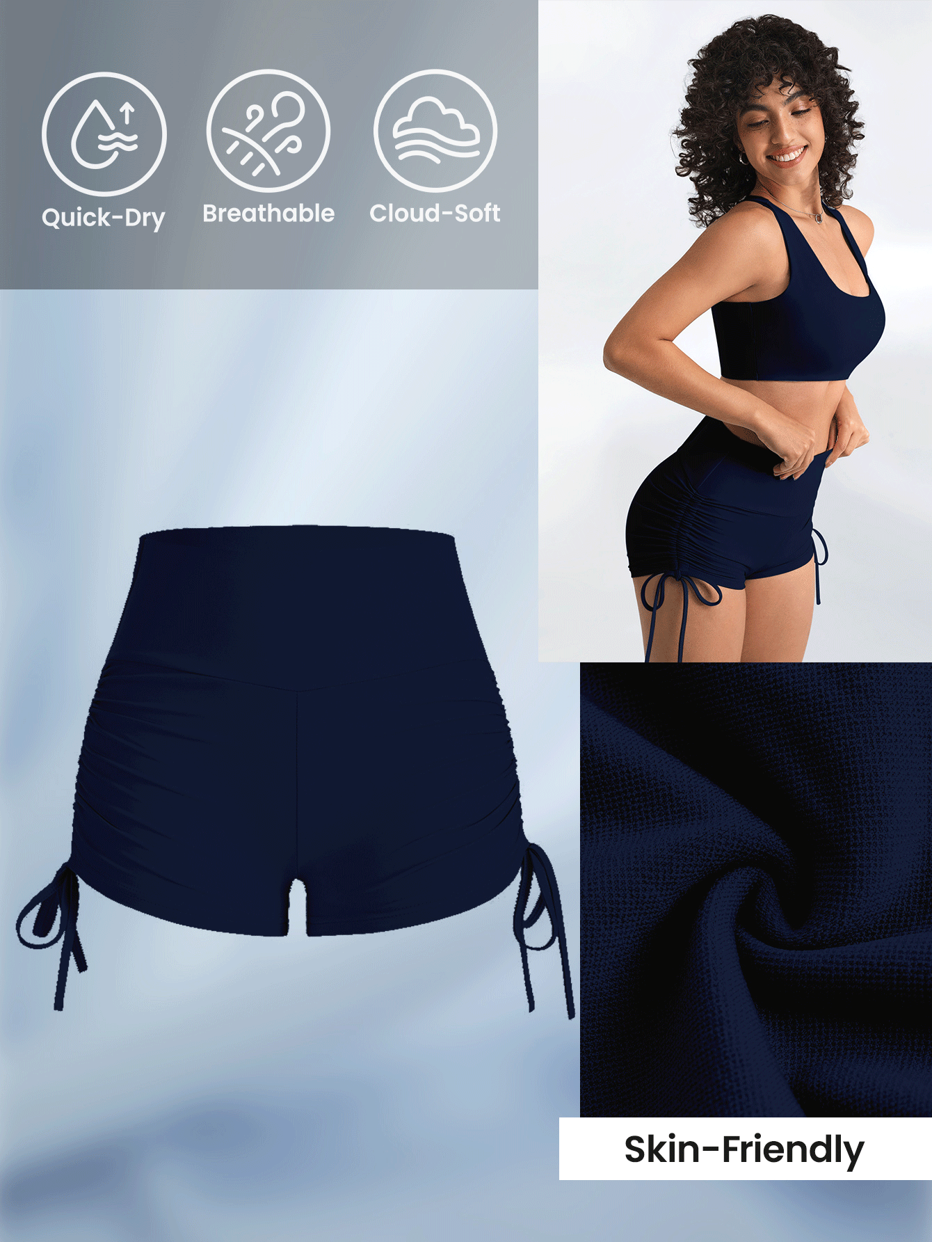 Solea Cove Solea Cove Peach Lifting Yoga Shorts,Women High Waist Elastic Running Workout Compression Shorts With Drawstring,Fashionable Gym Biker Fitness Sweat Short - Navy Blue - View 7