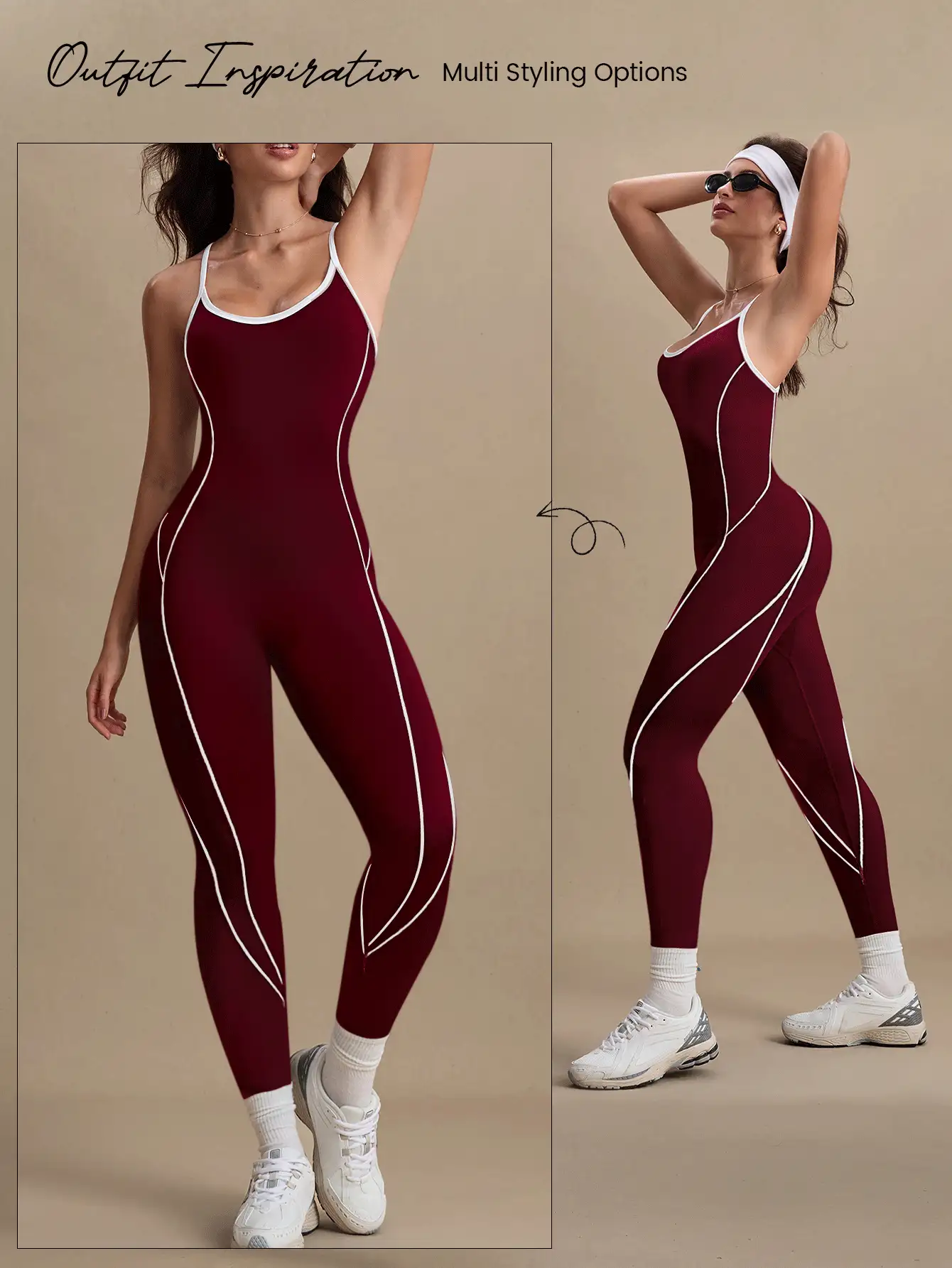 Dewbera Dewbera جمبسوت نسائية متماسكة بتصميم الظهر متقاطع الخطوط، رياضية - عنابي اللون - مشاهدة 7