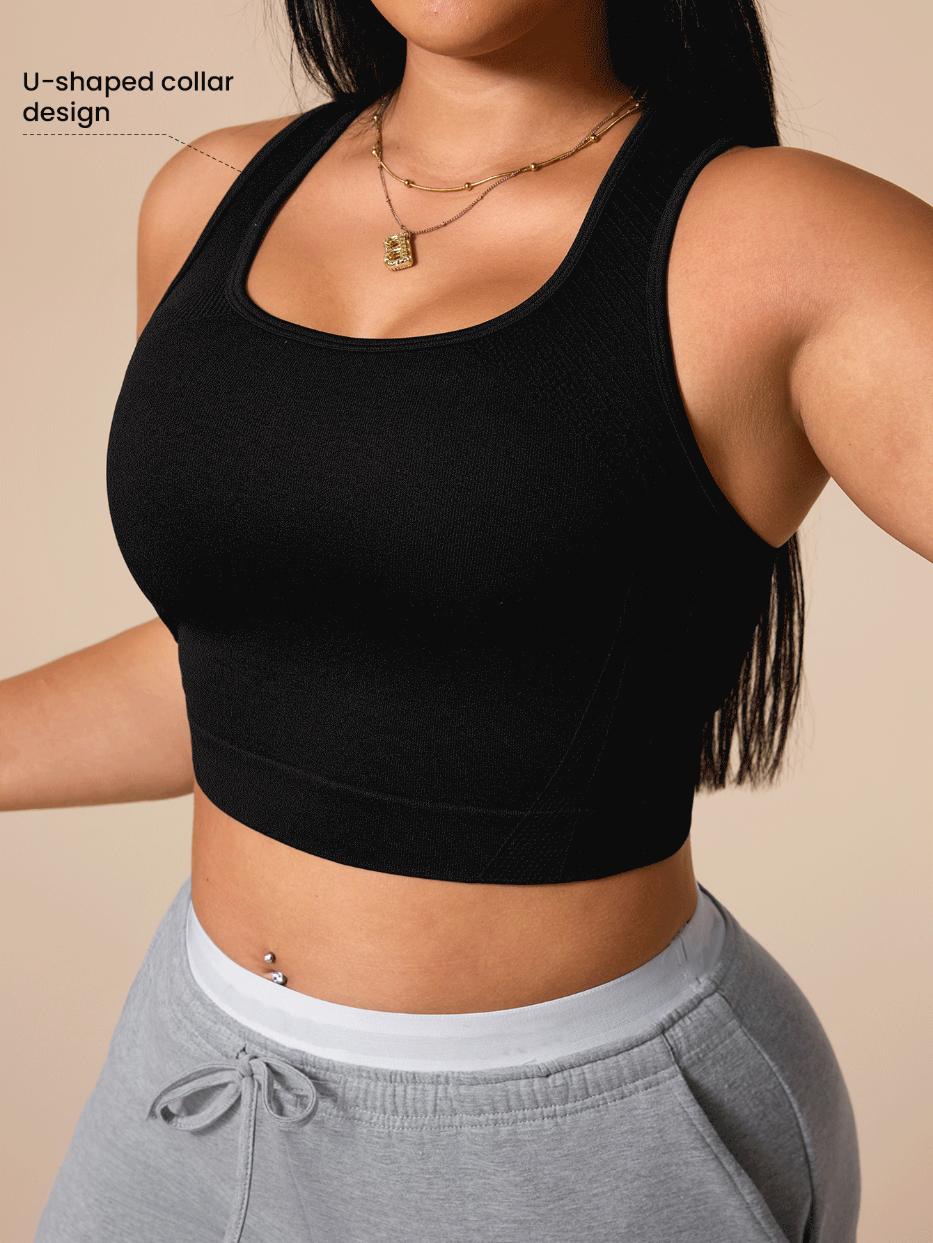 SHEIN Sports 大尺碼女款無縫黑色運動背心 - 黑色 - 查看 4