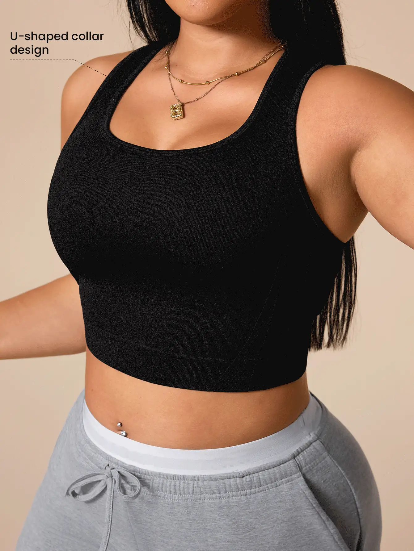 SHEIN Sports Plus Size Women's Seamless Black Sports Tank Top - Black - View 4