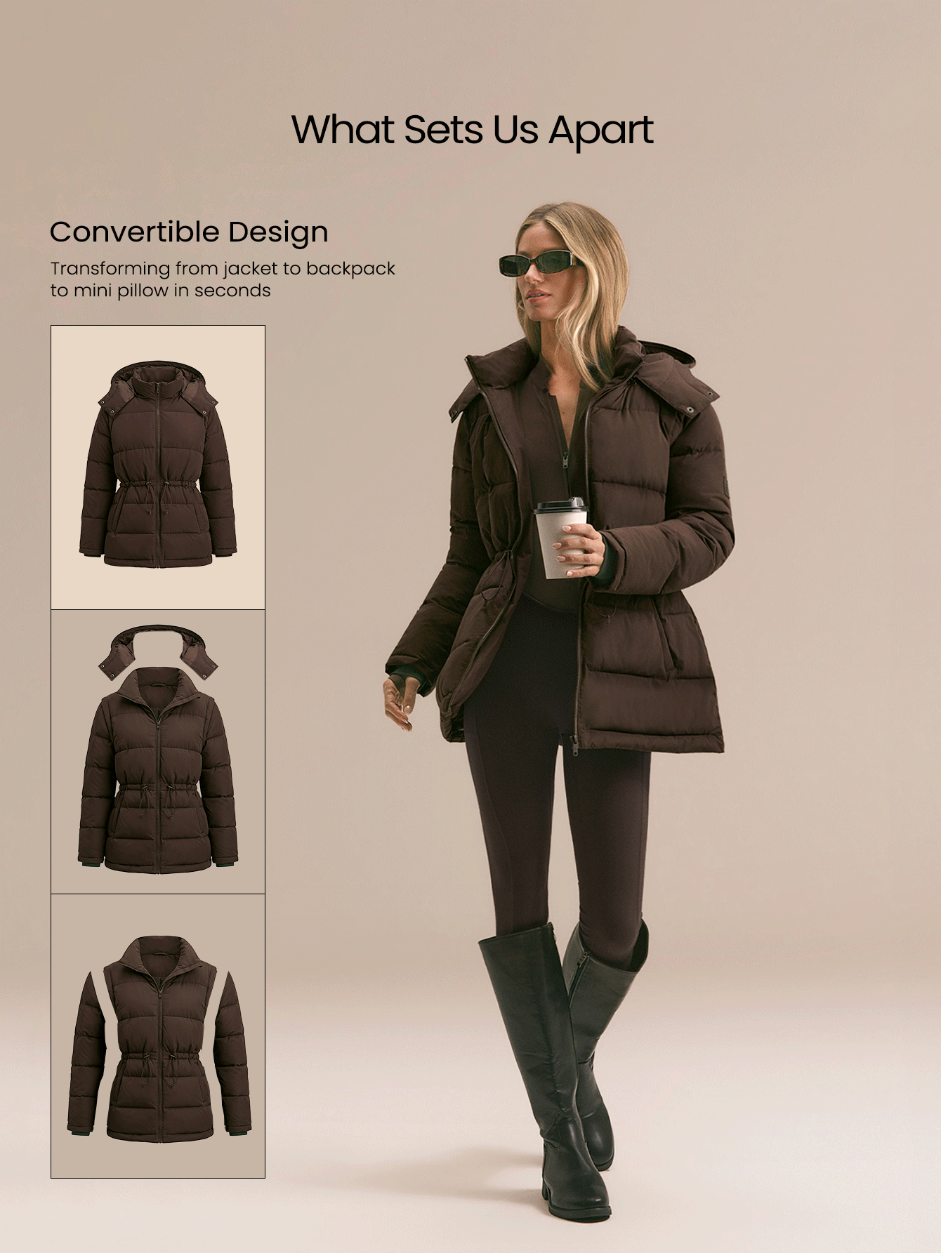 GLOWMODE Snow Day Convertible Puffer Jacket With Detachable Hood & Sleeves, Hood-To-Bag Design & Thumbhole Cuffs Fall Winter Outdoor Wear - Chocolate Brown - View 2