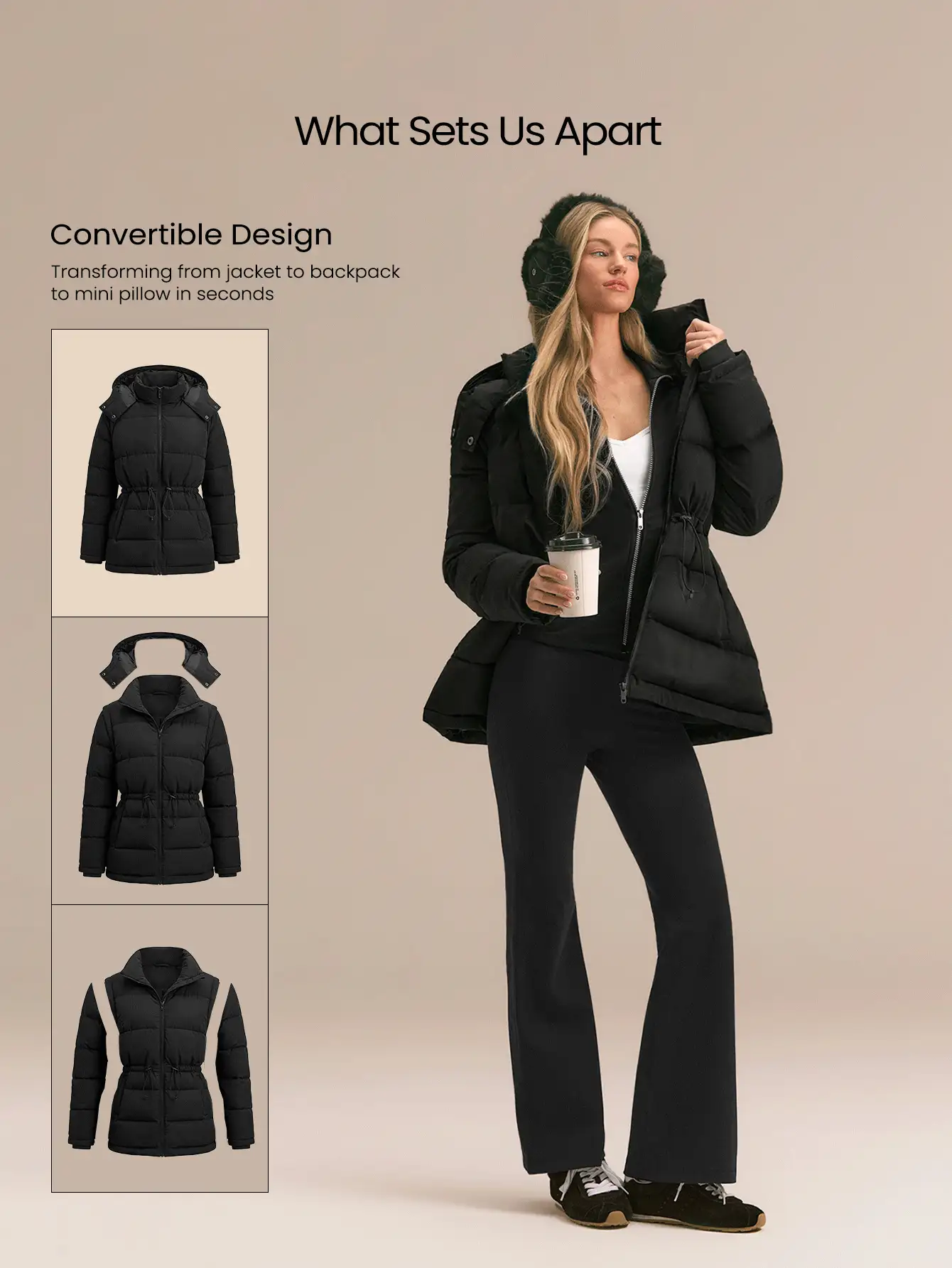 GLOWMODE Snow Day Convertible Puffer Jacket With Detachable Hood & Sleeves, Hood-To-Bag Design & Thumbhole Cuffs Fall Winter Outdoor Wear - Black - View 2