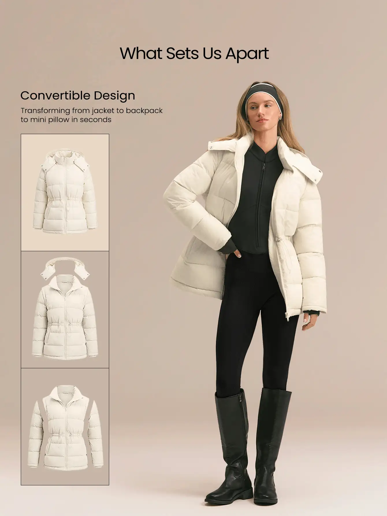 GLOWMODE Snow Day Convertible Puffer Jacket With Detachable Hood & Sleeves, Hood-To-Bag Design & Thumbhole Cuffs Fall Winter Outdoor Wear - Pearl White - View 2