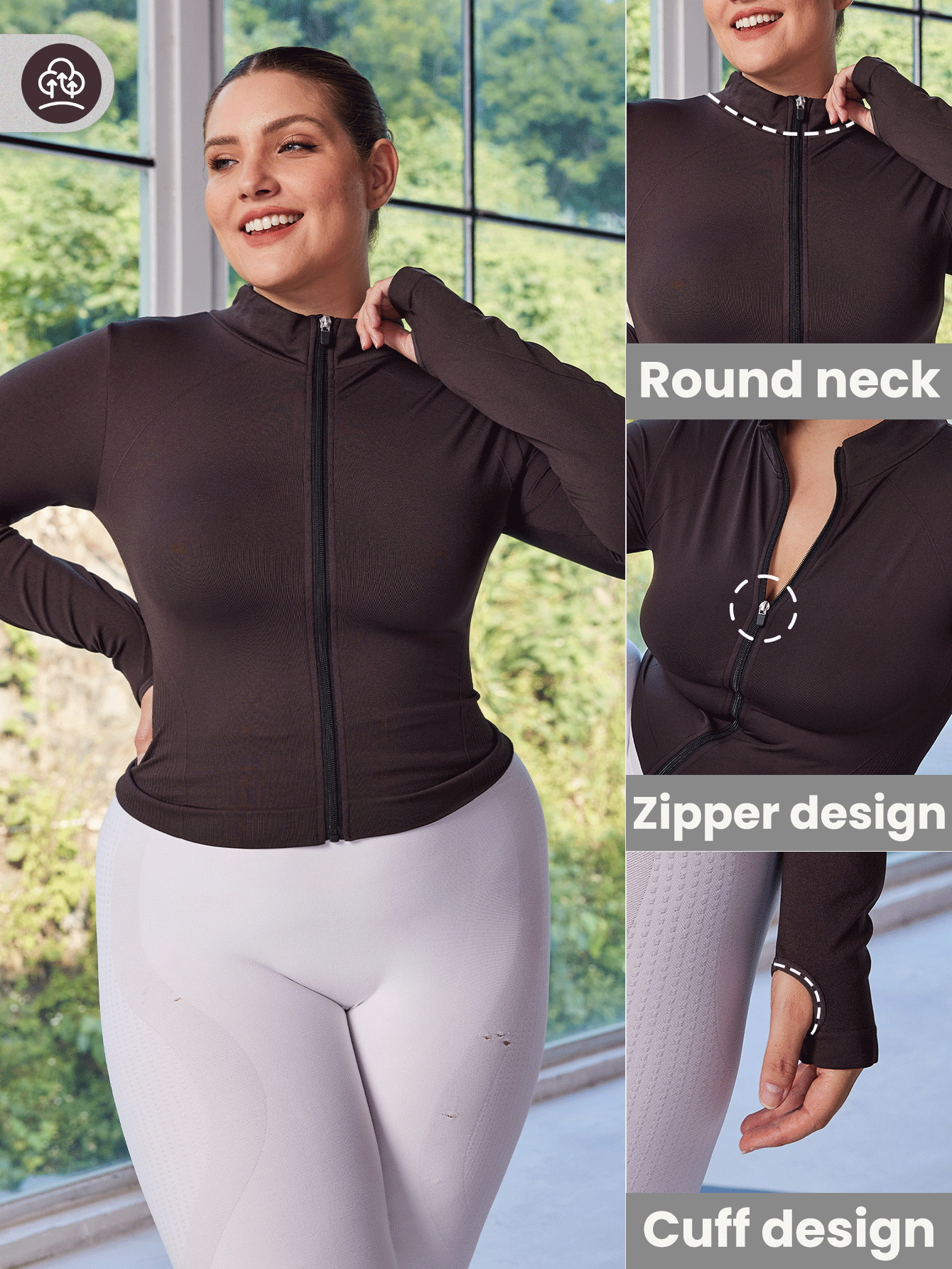 SHEIN Rhythm Era Plus Size Women's Stand Collar Zip Up Fitted Athletic Jacket, Long Sleeve - Coffee Brown - View 2