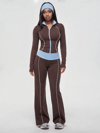 Vadaroq Women's Fall/Winter Sportswear Athleisure Color-Blocked Brown And Light Blue Hooded Long Sleeve Stretchy Jacket, Brown, Winter, Gym - Coffee Brown - View 2