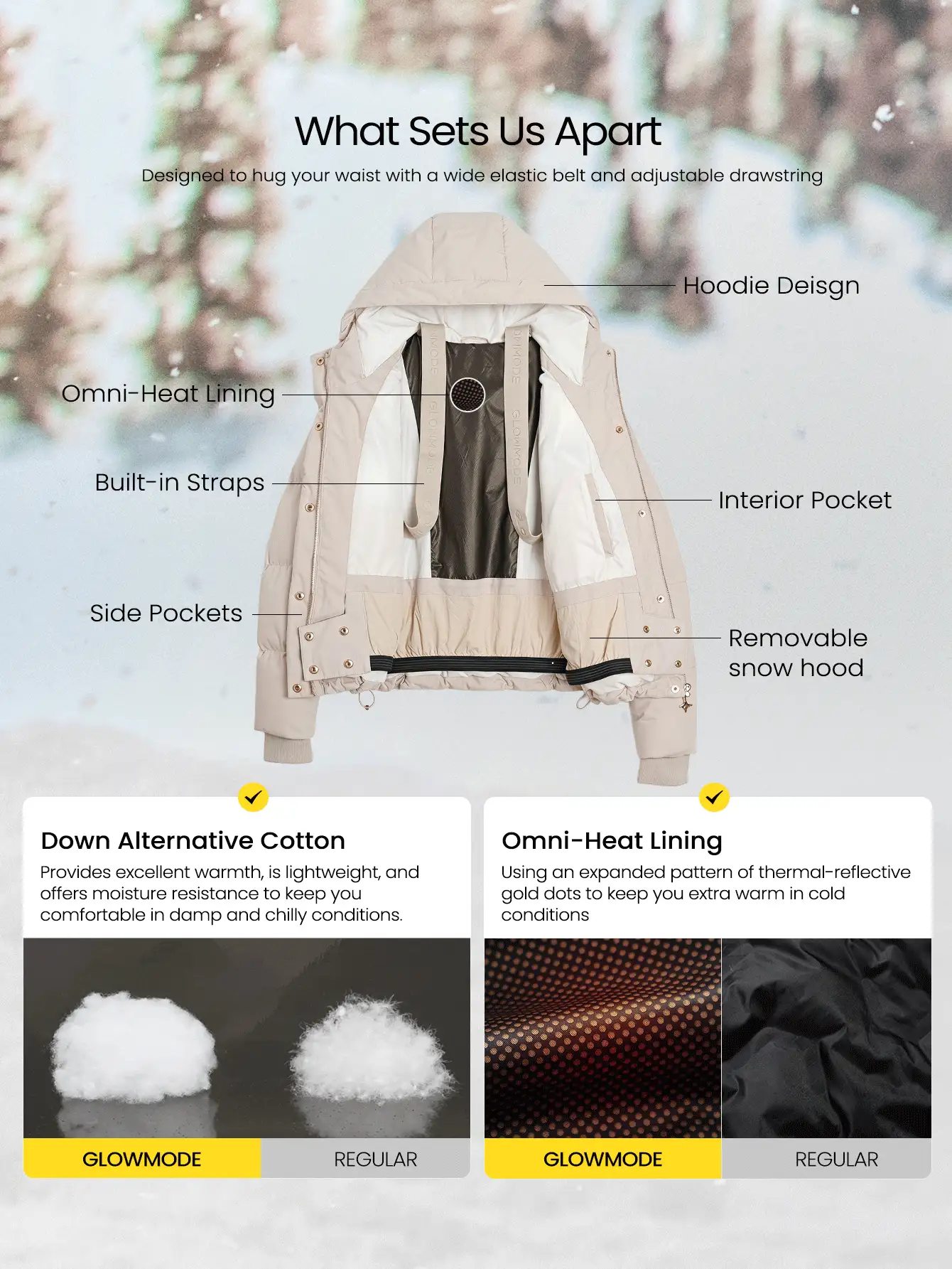 GLOWMODE Après Glow Collection Star Glow Bomber Jacket With Adjustable Hood & Hem, Interior Straps & Fleece-Lined Pockets Daily Casual Winter Skiing - Khaki - View 2