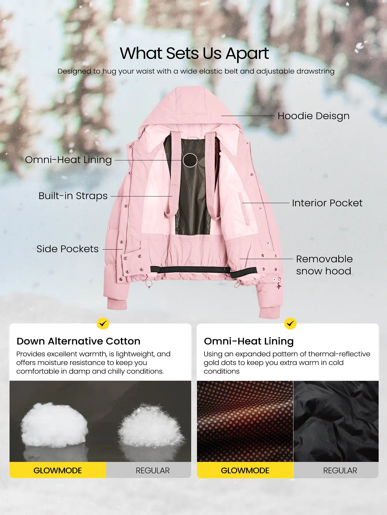 GLOWMODE Après Glow Collection Star Glow 飛行夾克,附可調式帽兜與下擺、內層綁帶與刷毛內裡口袋,日常休閒冬季滑雪款 - 卡其色 - 查看 2