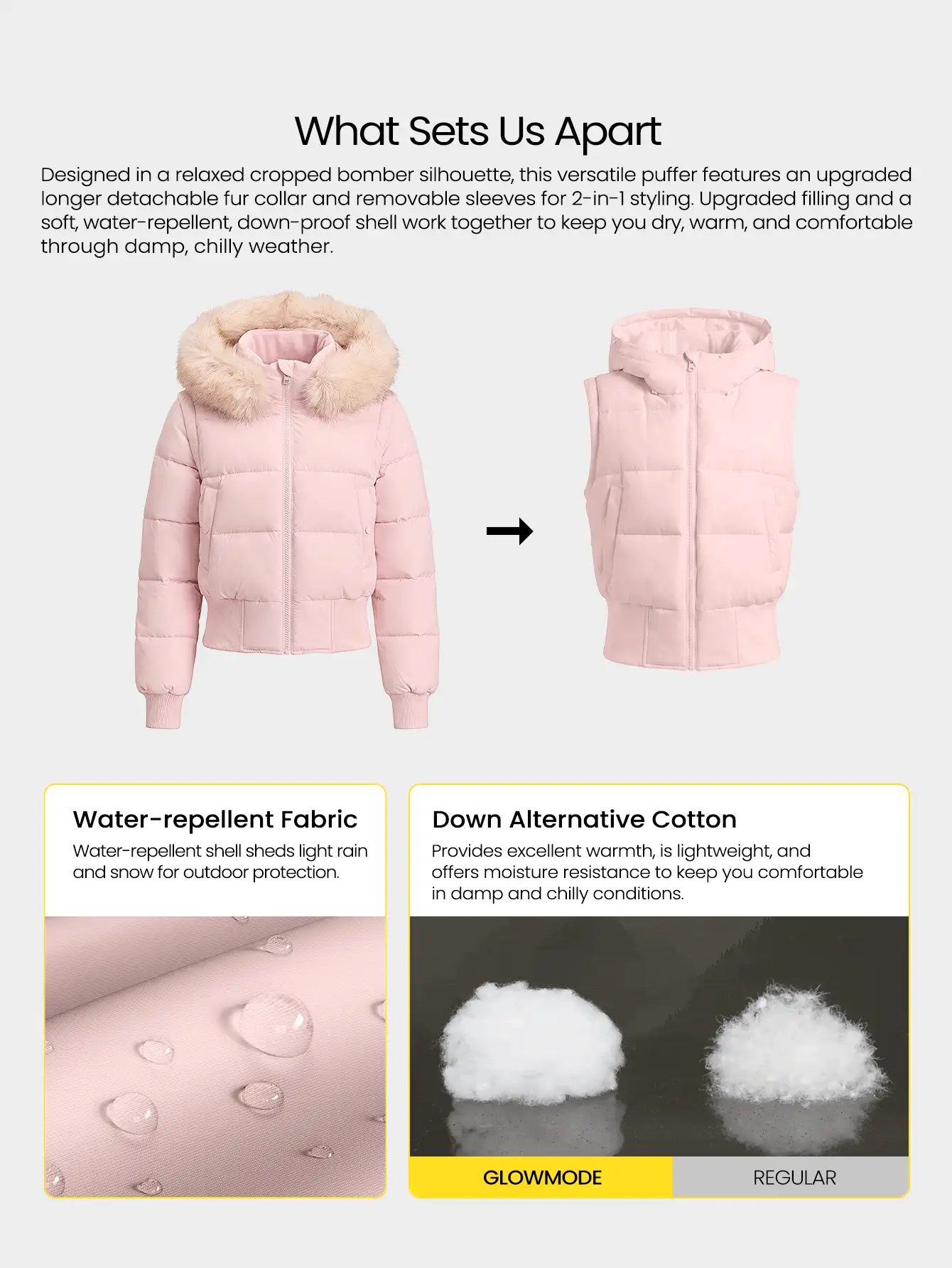 GLOWMODE Winter Glow Convertible Cropped Bomber Jacket With Detachable Faux-Fur Collar & Sleeves And Fleece-Lined Pockets Daily Casual Fall Winter Outdoor Wear - Pink - View 2